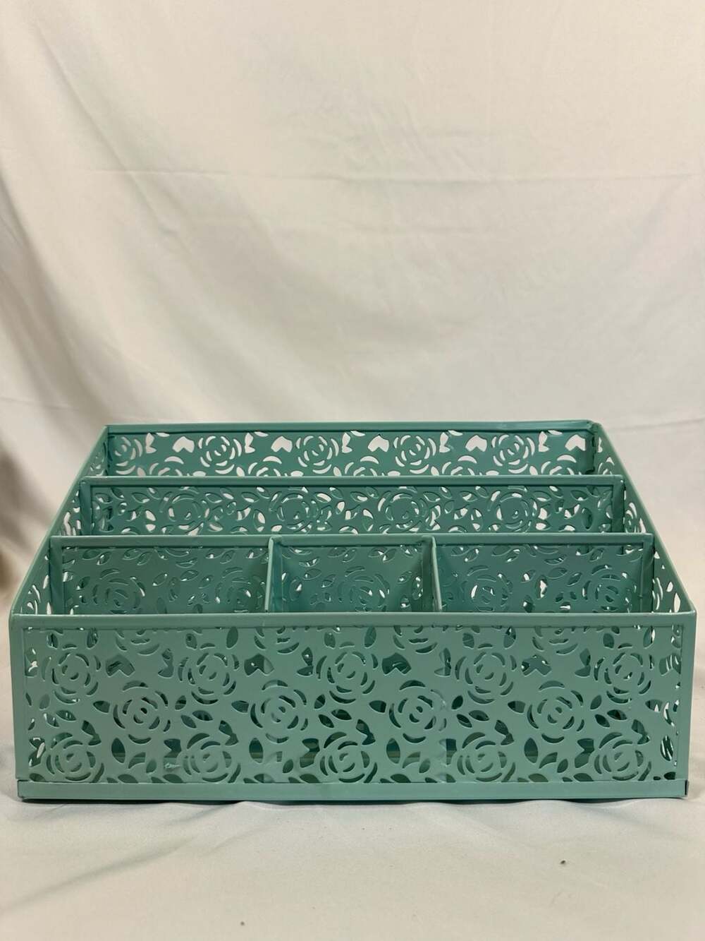Teal Metal Floral Cutout Desk Organizer with Multiple Compartments